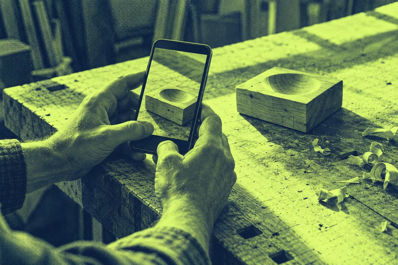 Hands photographing a finished piece of work with a smartphone as a social content idea
