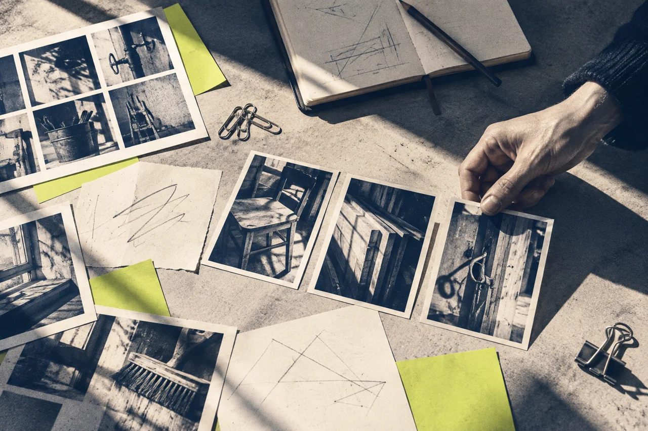 Editorial desk with image selection, notes and story planning for business communications
